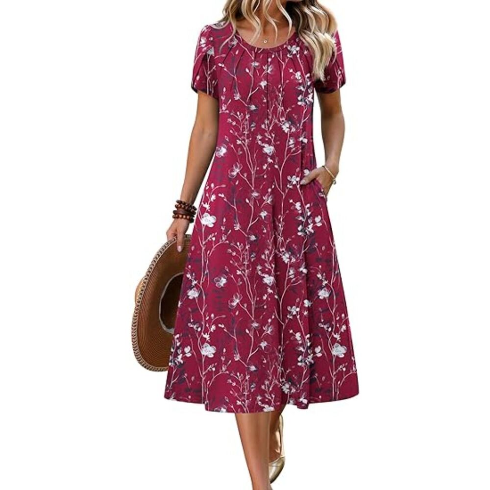 Women's Red Floral Blend Crew-Neck A-Line Short Sleeve Flowy Boho Sundress